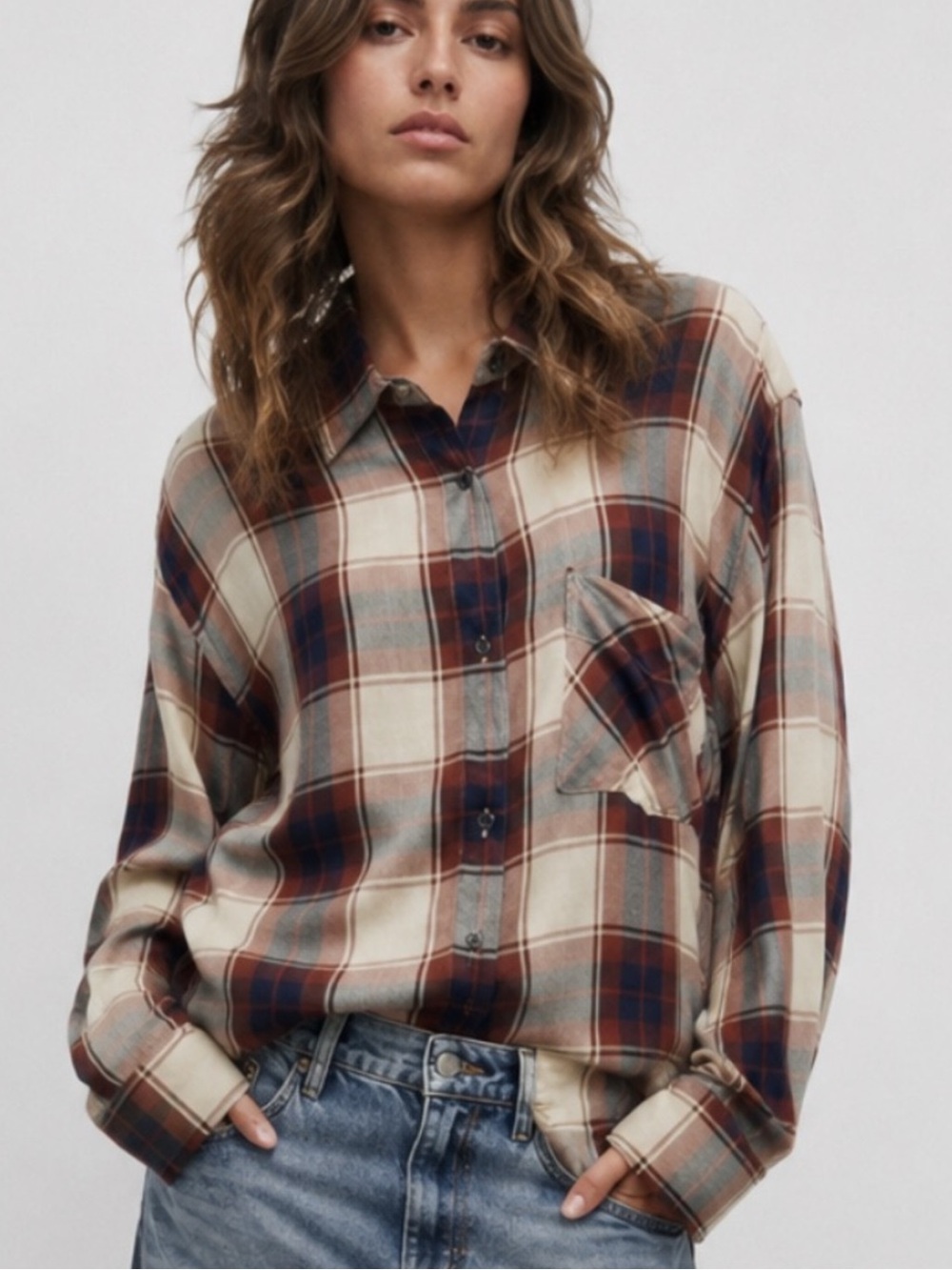 NWT WEWOREWHAT Boyfriend Button Down Shirt in Ecru Multi Plaid